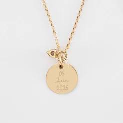 Collier mini coeur scintillant Mariée personnalisé médaille gravée plaqué or 15 mm