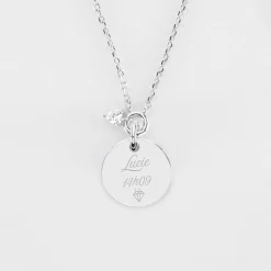 Collier mini coeur scintillant personnalisé médaille gravée argent 15 mm
