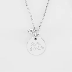 Collier mini coeur scintillant Mariée personnalisé médaille gravée argent 15 mm