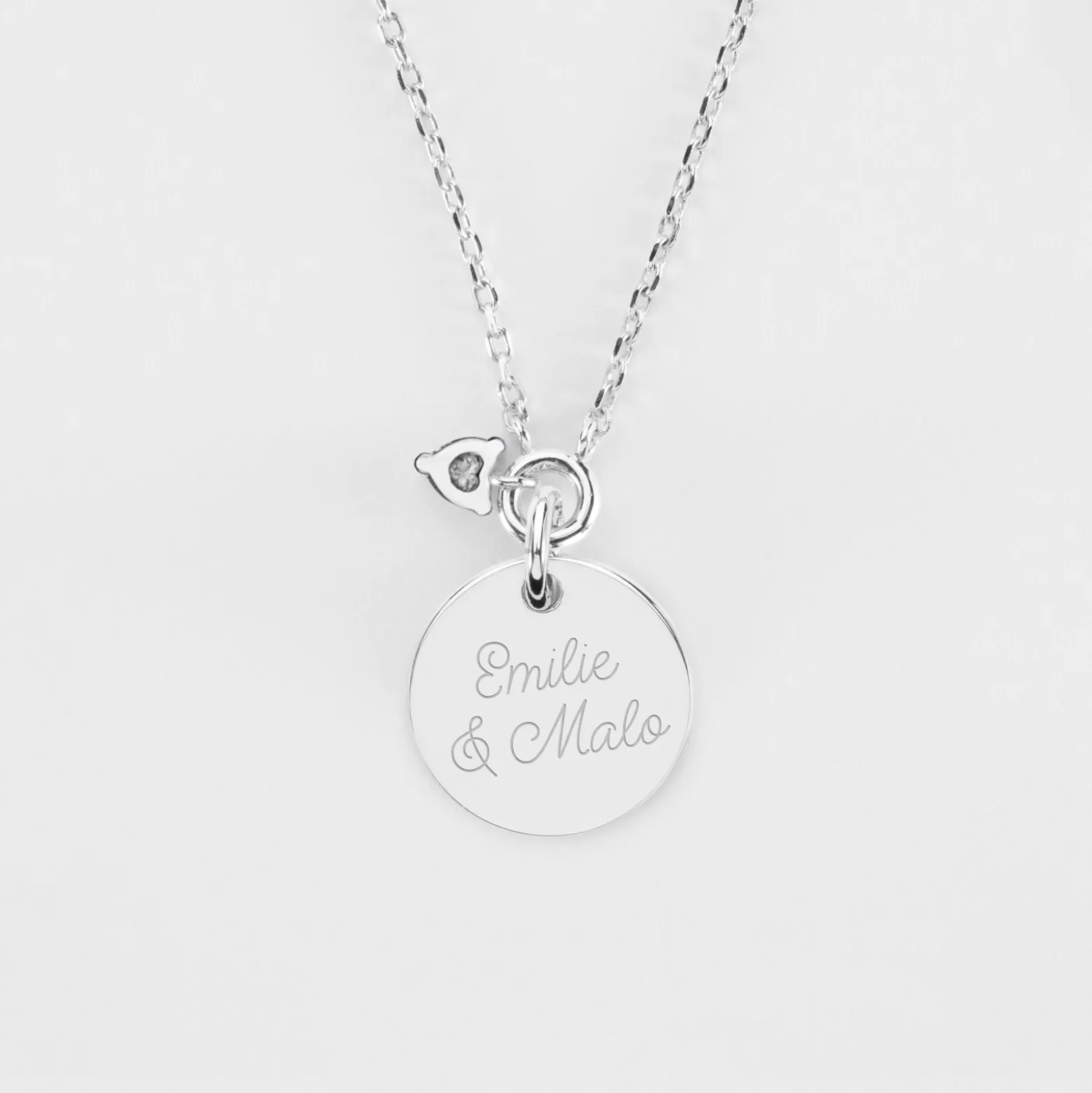 Collier mini coeur scintillant Mariée personnalisé médaille gravée argent 15 mm