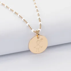 Collier perles colorées personnalisé médaille gravée plaqué or 15 mm