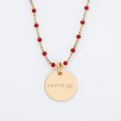 Collier perles colorées personnalisé médaille gravée plaqué or 15 mm
