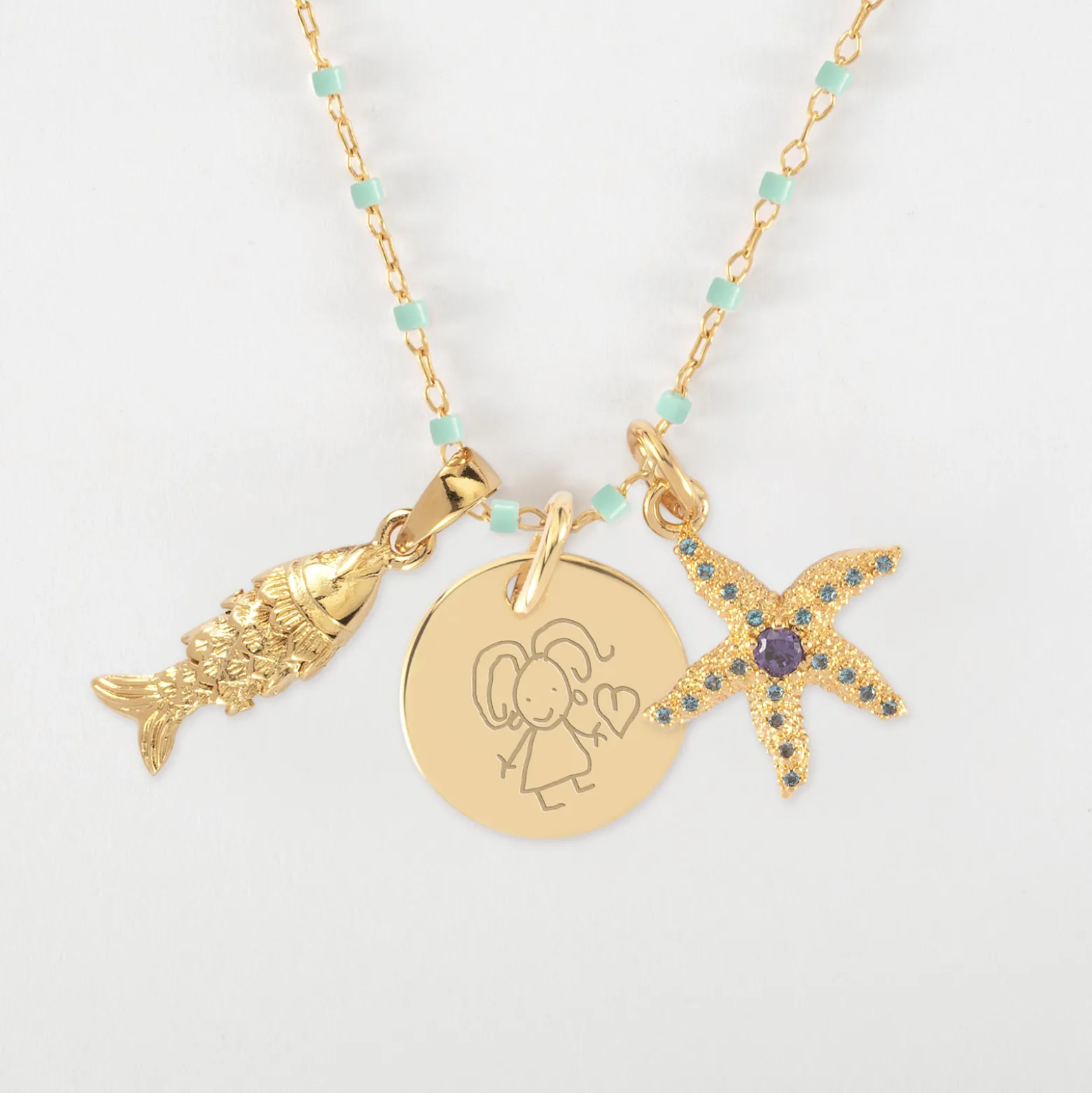 Collier perles Miyuki colorées personnalisé médaille gravée plaqué or 15 mm et breloque(s) summer - à composer