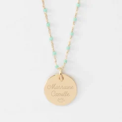 Collier perles Miyuki colorées personnalisé médaille gravée plaqué or 15 mm