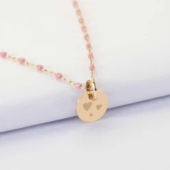 Collier perles Miyuki colorées personnalisé médaille gravée plaqué or 10 mm