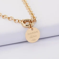 Collier personnalisé chaine fermoir marin médaille gravée plaqué or 15 mm