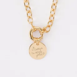 Collier personnalisé chaine fermoir marin médaille gravée plaqué or 15 mm