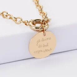 Collier personnalisé chaine fermoir marin médaille gravée plaqué or 19 mm