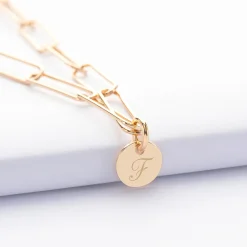 Collier personnalisé grandes mailles médaille gravée plaqué or 10 mm