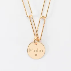 Collier personnalisé grandes mailles médaille gravée plaqué or 15 mm
