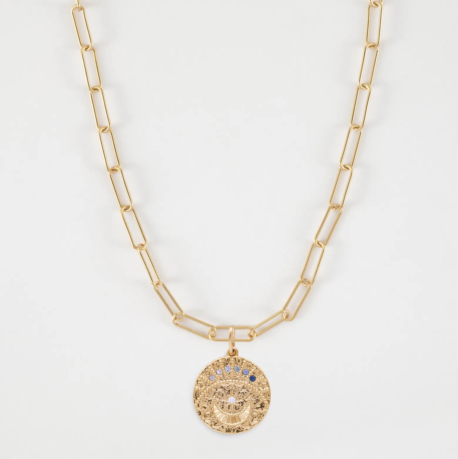 Collier personnalisé petites mailles médaille Lune zircons crépuscule gravée plaqué or 16 mm