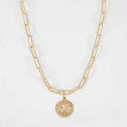 Collier personnalisé petites mailles médaille gravée plaqué or rose des vents texturée 14 mm