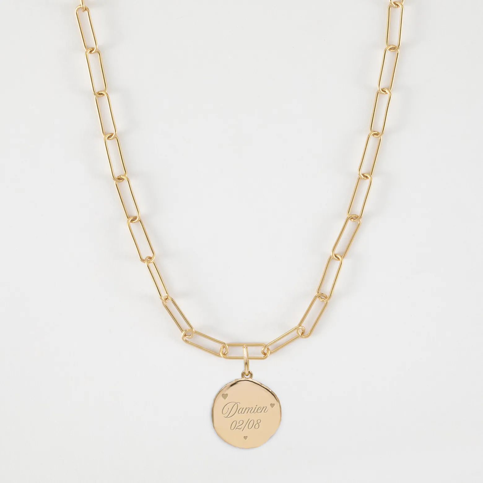 Collier personnalisé petites mailles médaille gravée plaqué or rose des vents texturée 14 mm