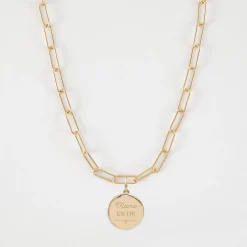 Collier personnalisé petites mailles médaille gravée plaqué or rose des vents texturée 14 mm