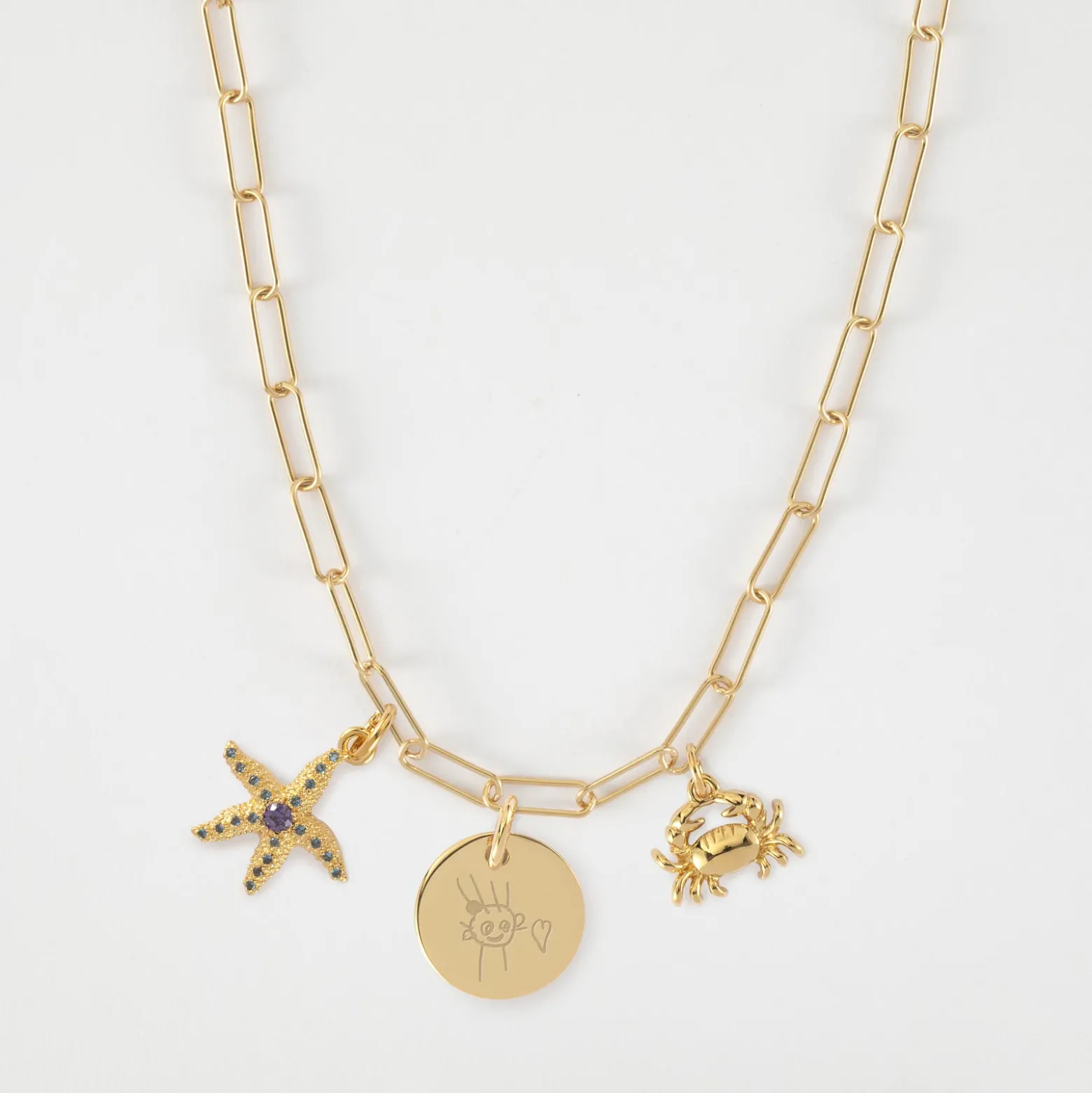 Collier personnalisé petites mailles médaille gravée plaqué or 15 mm et breloque(s) summer - à composer