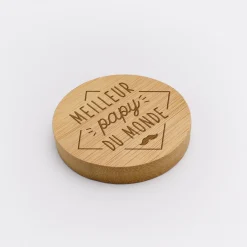 Décapsuleur magnet rond bois gravé 60x60 mm - édition spéciale "Meilleur Papy du monde"