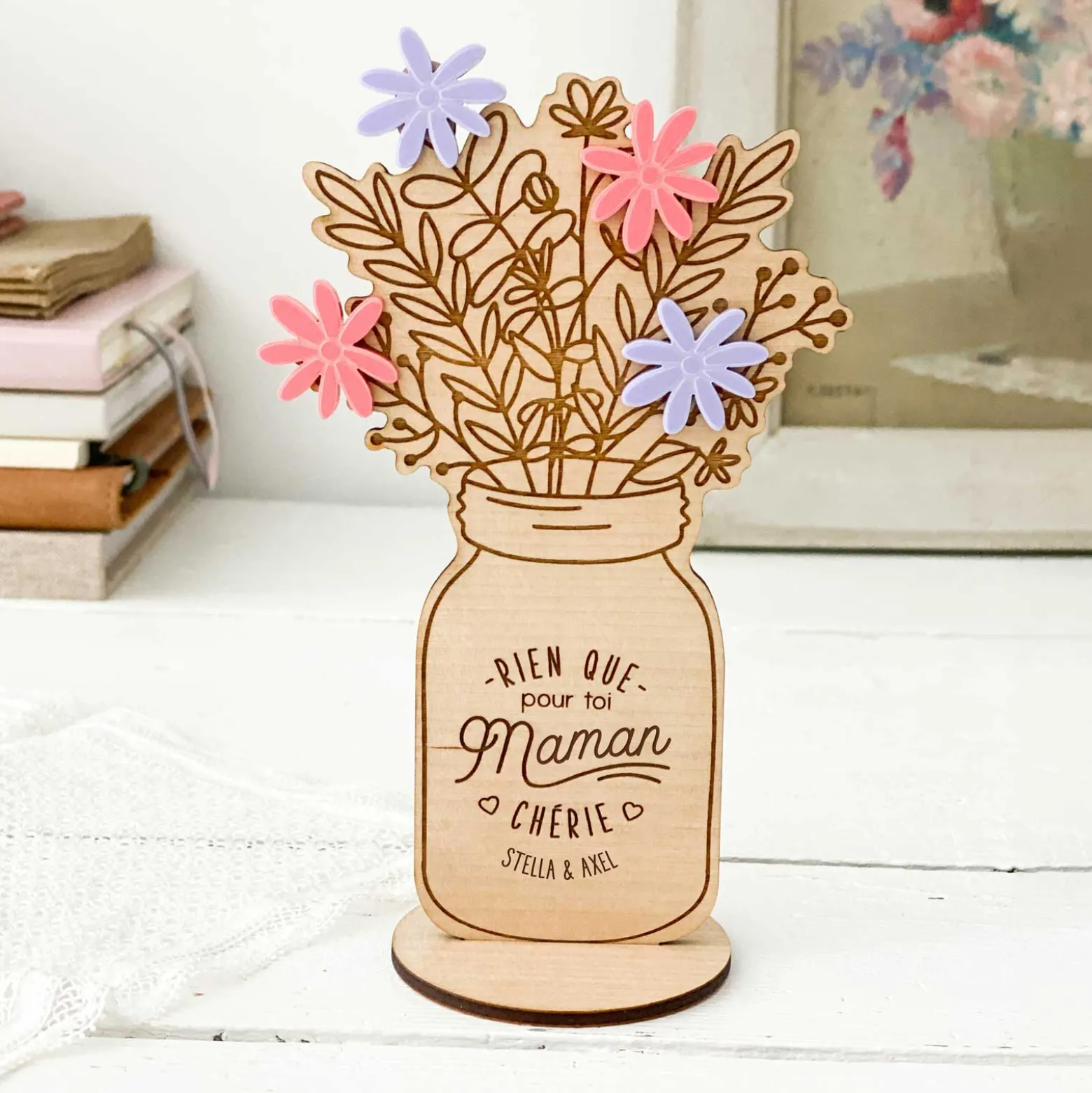Décoration bouquet de fleurs personnalisé bois gravé 16x9 cm - Edition spéciale "Maman chérie"