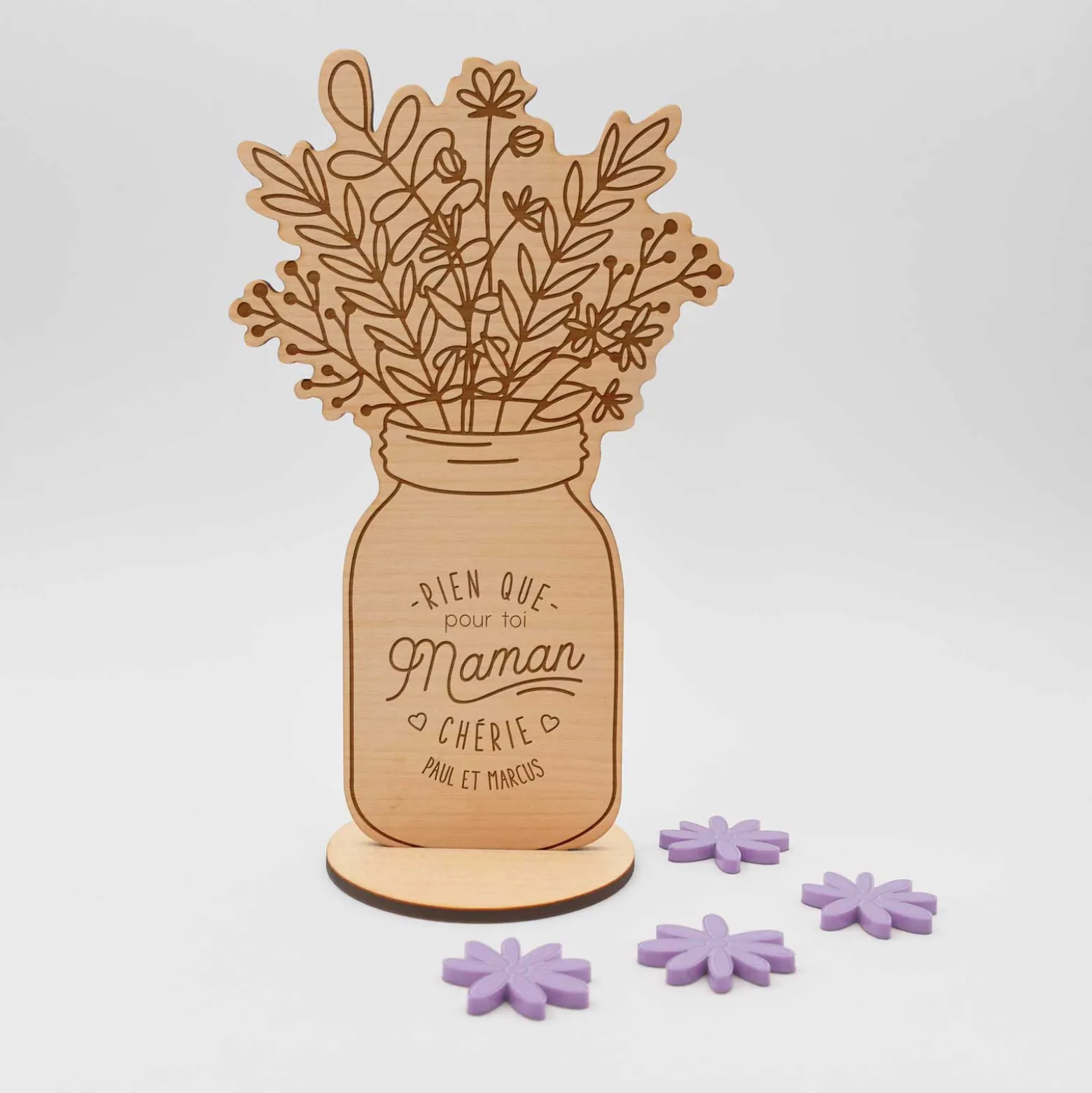 Décoration bouquet de fleurs personnalisé bois gravé 16x9 cm - Edition spéciale "Maman chérie"