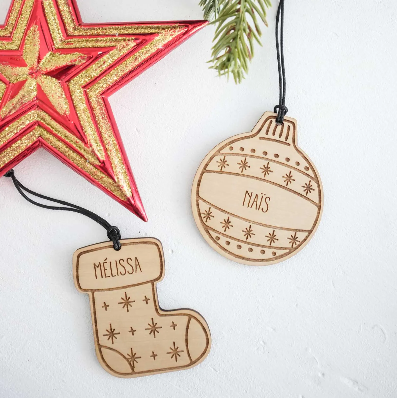 Décoration de Noël personnalisée bois gravé "Chaussette de Noël"