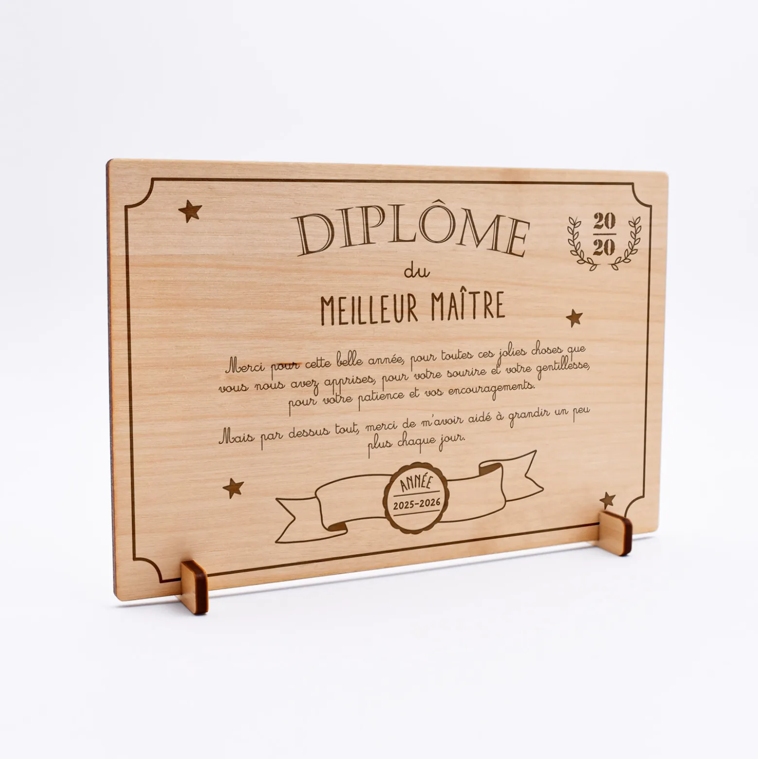 Diplôme du meilleur maître personnalisé bois gravé 15x10 cm avec support