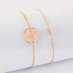 Duo bracelets Mariée personnalisés chaine trio scintillant et médaille gravée plaqué or 2 trous 15 mm