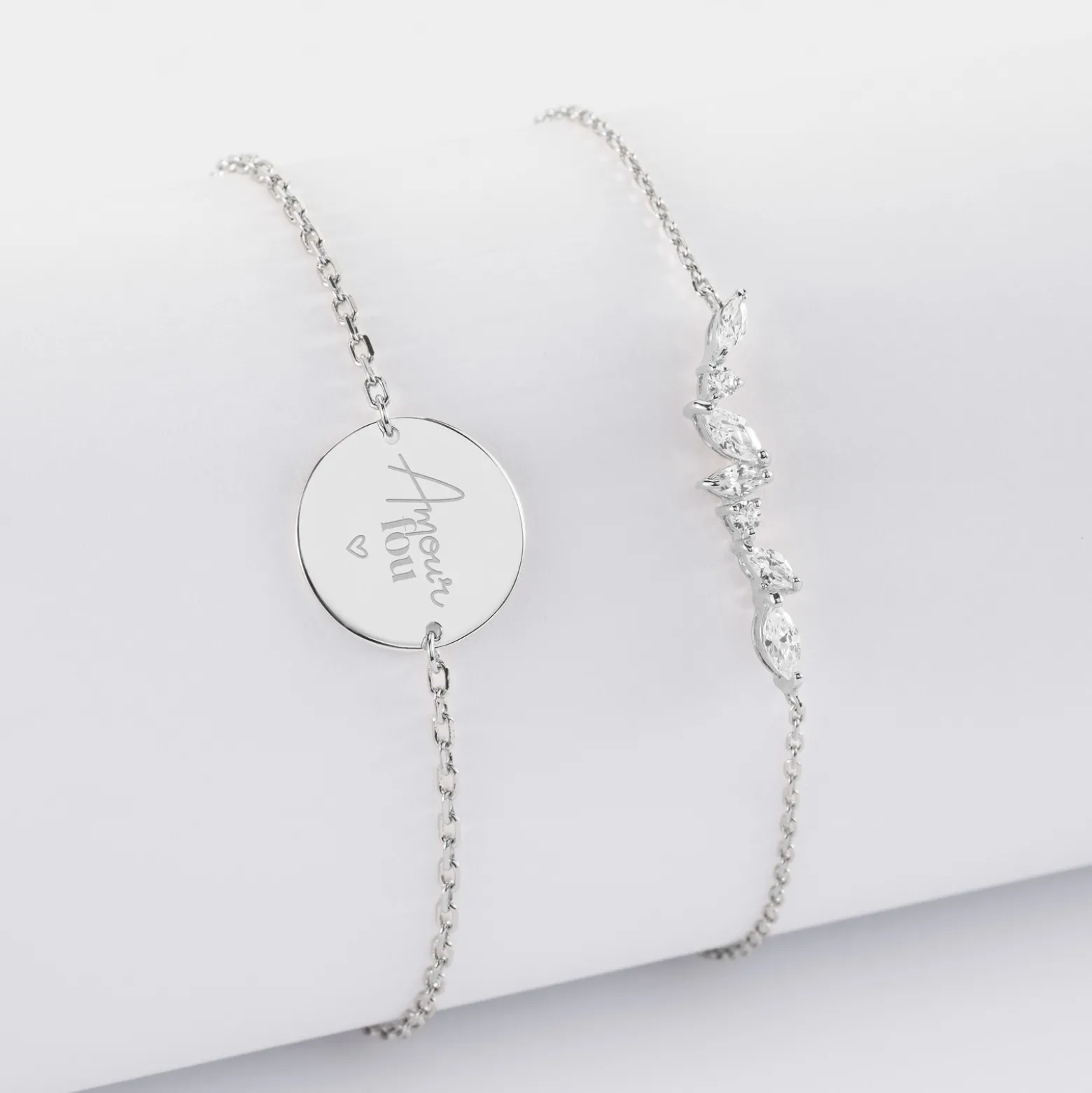 Duo bracelets Mariée personnalisés chaine barrette scintillante et médaille gravée argent 2 trous 15 mm