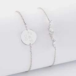 Duo bracelets Mariée personnalisés chaine barrette scintillante et médaille gravée argent 2 trous 15 mm