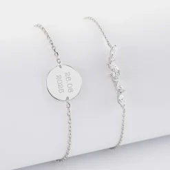 Duo bracelets Mariée personnalisés chaine barrette scintillante et médaille gravée argent 2 trous 15 mm