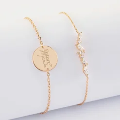 Duo bracelets Mariée personnalisés chaine barrette scintillante et médaille gravée plaqué or 2 trous 15 mm
