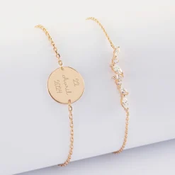 Duo bracelets Mariée personnalisés chaine barrette scintillante et médaille gravée plaqué or 2 trous 15 mm