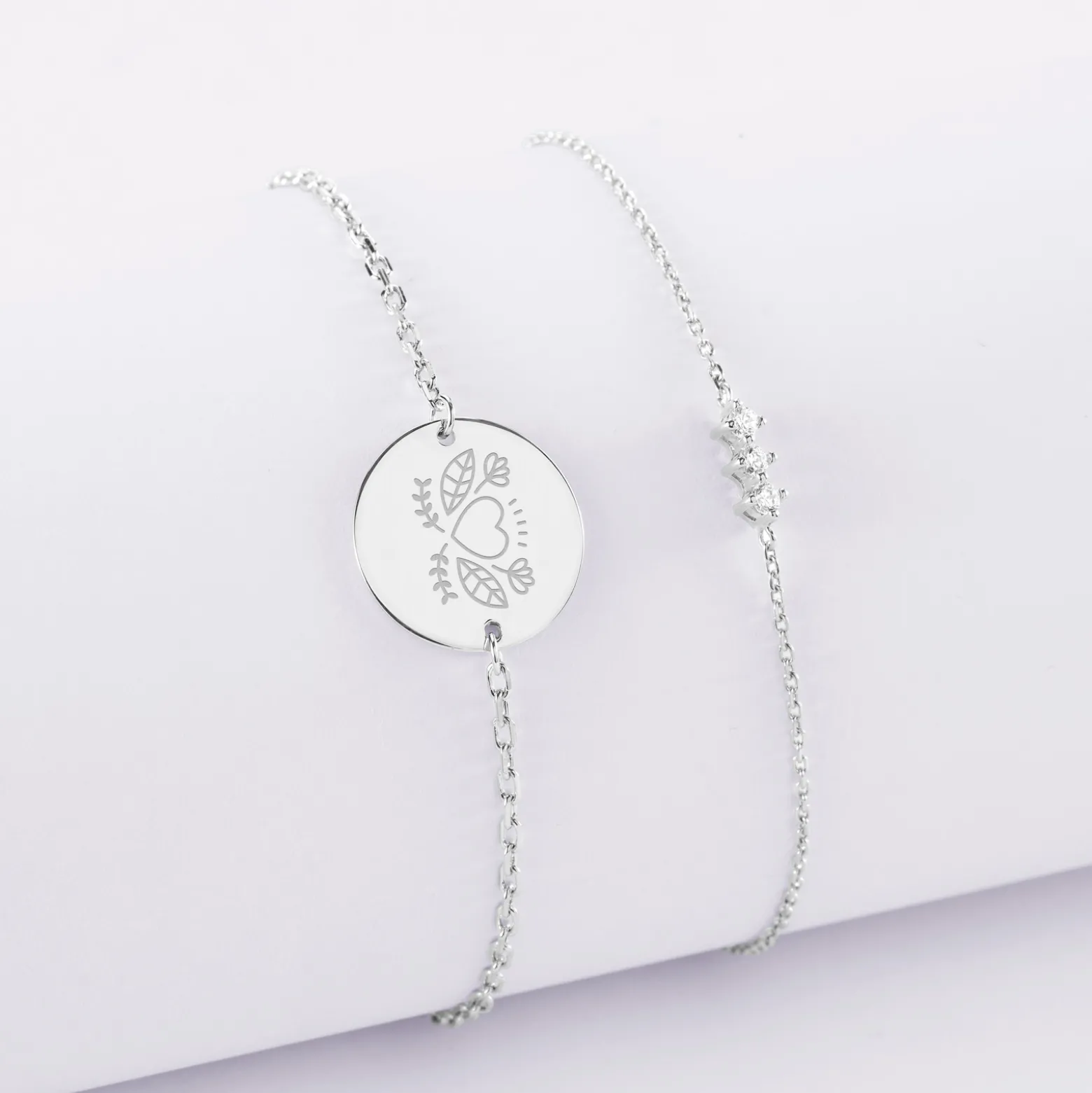 Duo bracelets Mariée personnalisés chaine trio scintillant et médaille gravée argent 2 trous 15 mm