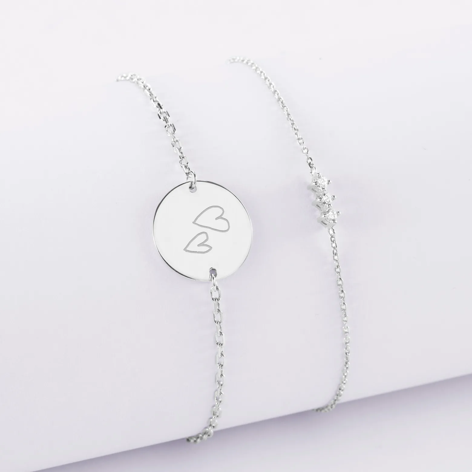 Duo bracelets Mariée personnalisés chaine trio scintillant et médaille gravée argent 2 trous 15 mm