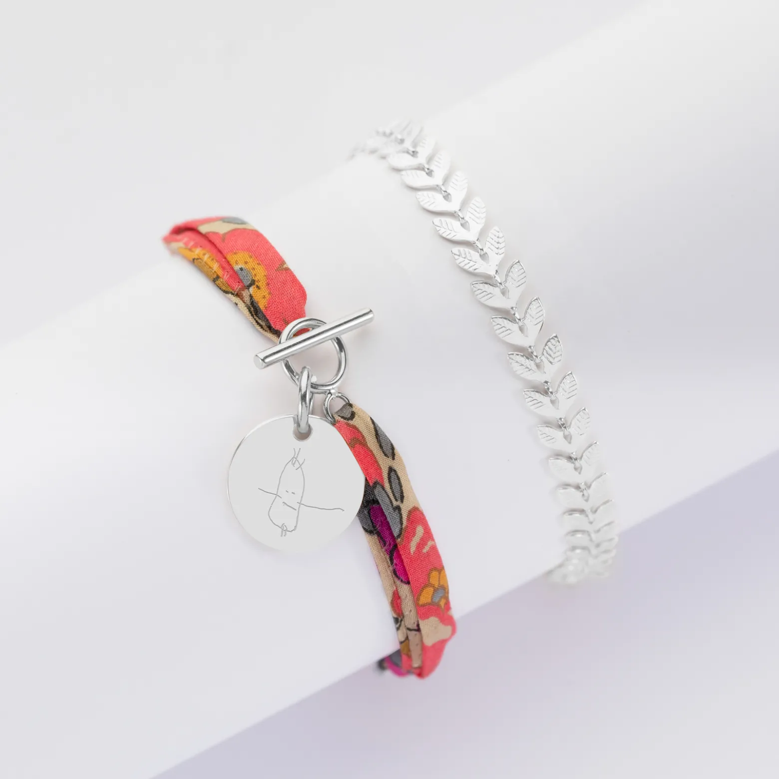 Duo bracelets personnalisés Epi et Liberty fermoir médaille gravée argent 15 mm