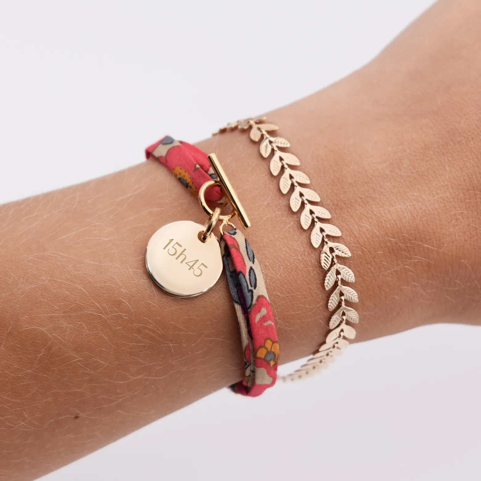 Duo bracelets personnalisés chaine Epi et Liberty fermoir médaille gravée plaqué or 15 mm