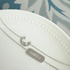 Duo bracelets personnalisés chaine lune scintillante et médaille gravée argent plaque 20x8 mm - HappyBulle x Capucine