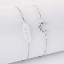 Duo bracelets personnalisés chaine lune scintillante et médaille gravée argent plaque 20x8 mm - HappyBulle x Capucine