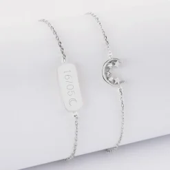 Duo bracelets personnalisés chaine lune scintillante et médaille gravée argent plaque 20x8 mm - HappyBulle x Capucine