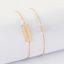 Duo bracelets personnalisés chaine trio scintillant et médaille gravée plaqué or plaque 20x8 mm