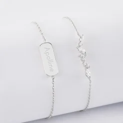 Duo bracelets personnalisés chaine barrette scintillante et médaille gravée argent plaque 20x8 mm