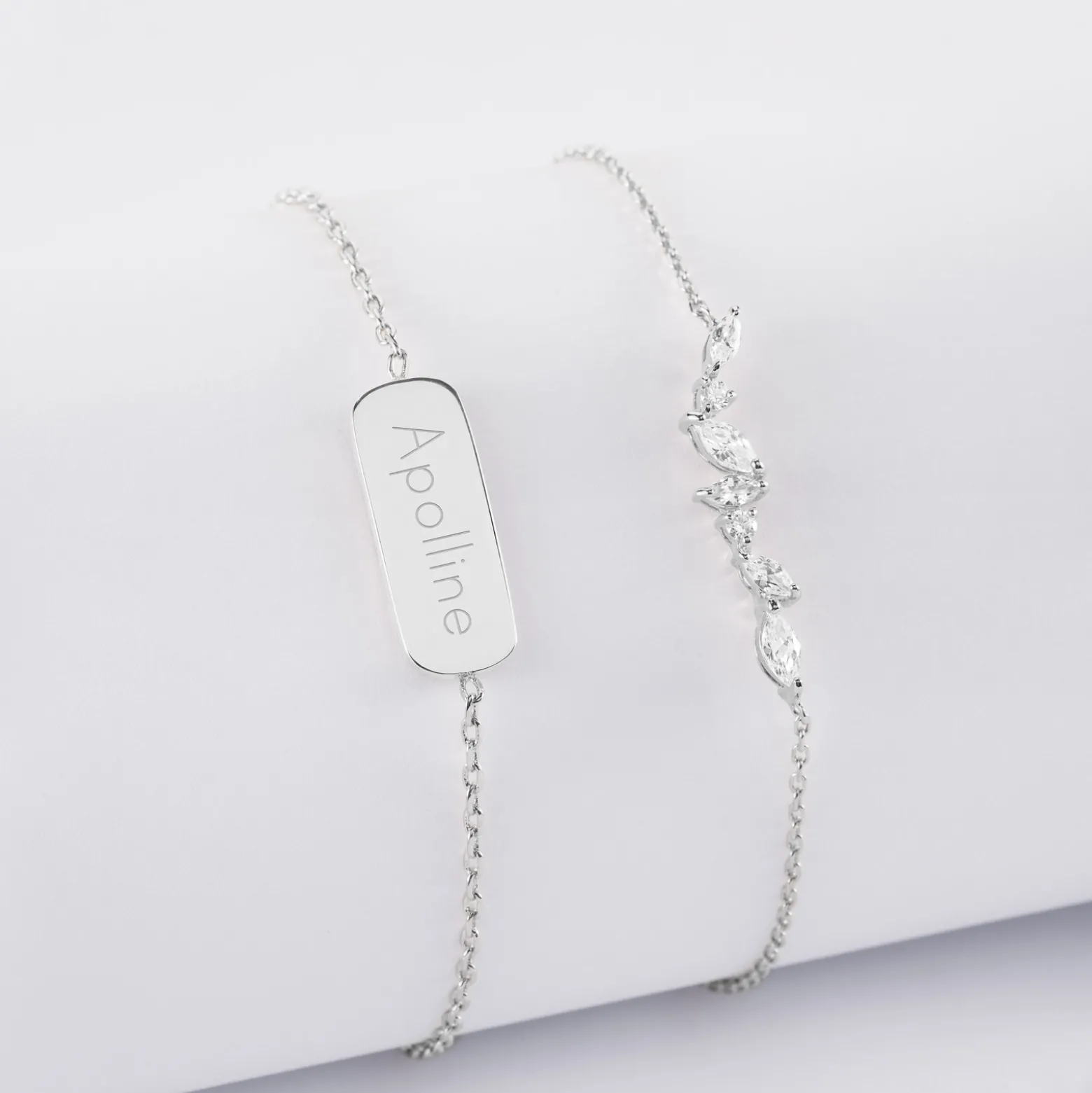 Duo bracelets personnalisés chaine barrette scintillante et médaille gravée argent plaque 20x8 mm