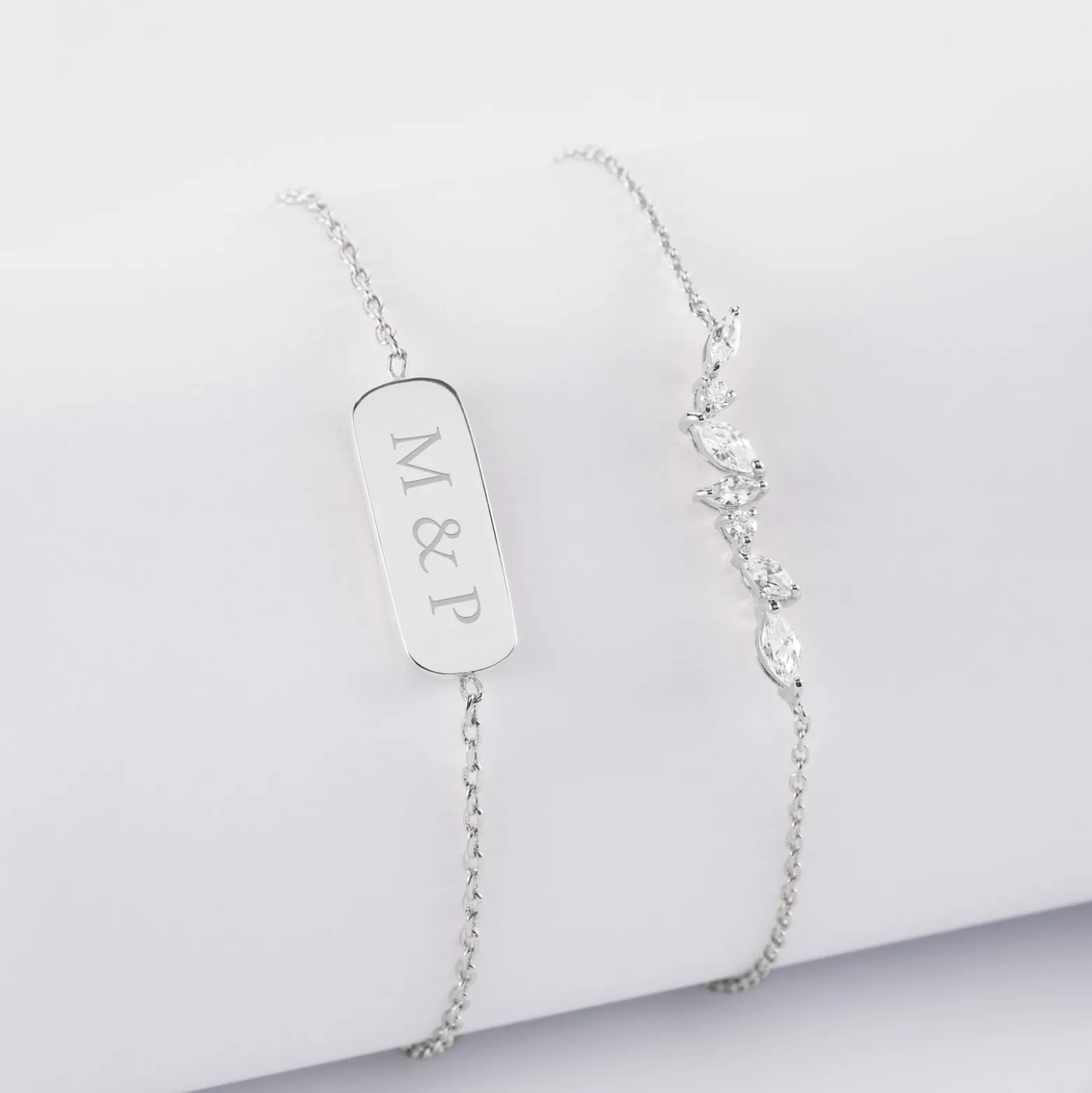 Duo bracelets personnalisés chaine barrette scintillante et médaille gravée argent plaque 20x8 mm