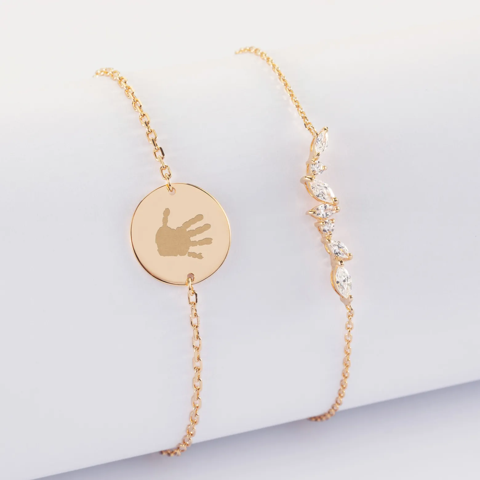 Duo bracelets personnalisés chaine barrette scintillante et médaille gravée plaqué or 2 trous 15 mm