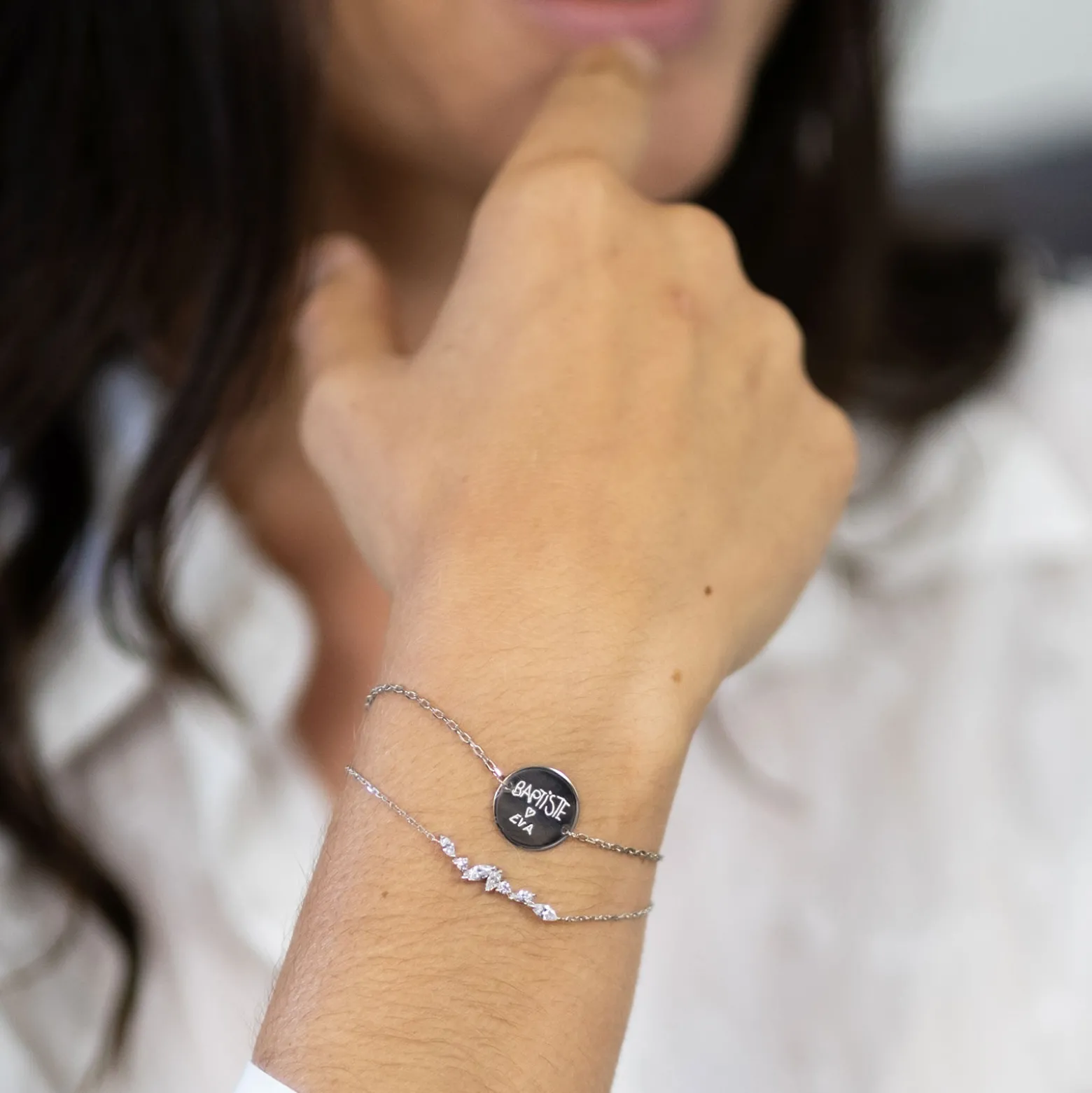 Duo bracelets personnalisés chaine barrette scintillante et médaille gravée argent 2 trous 15 mm