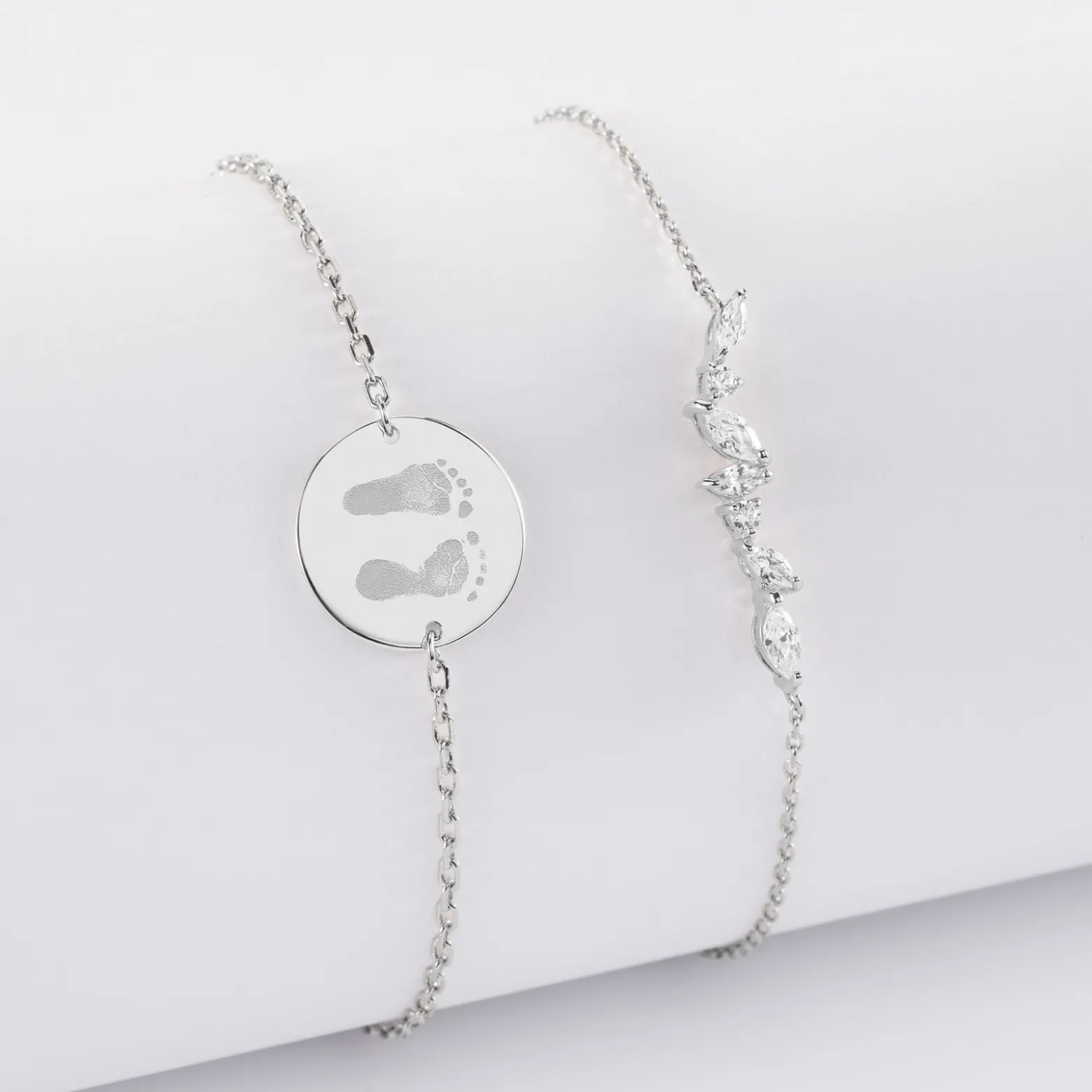 Duo bracelets personnalisés chaine barrette scintillante et médaille gravée argent 2 trous 15 mm
