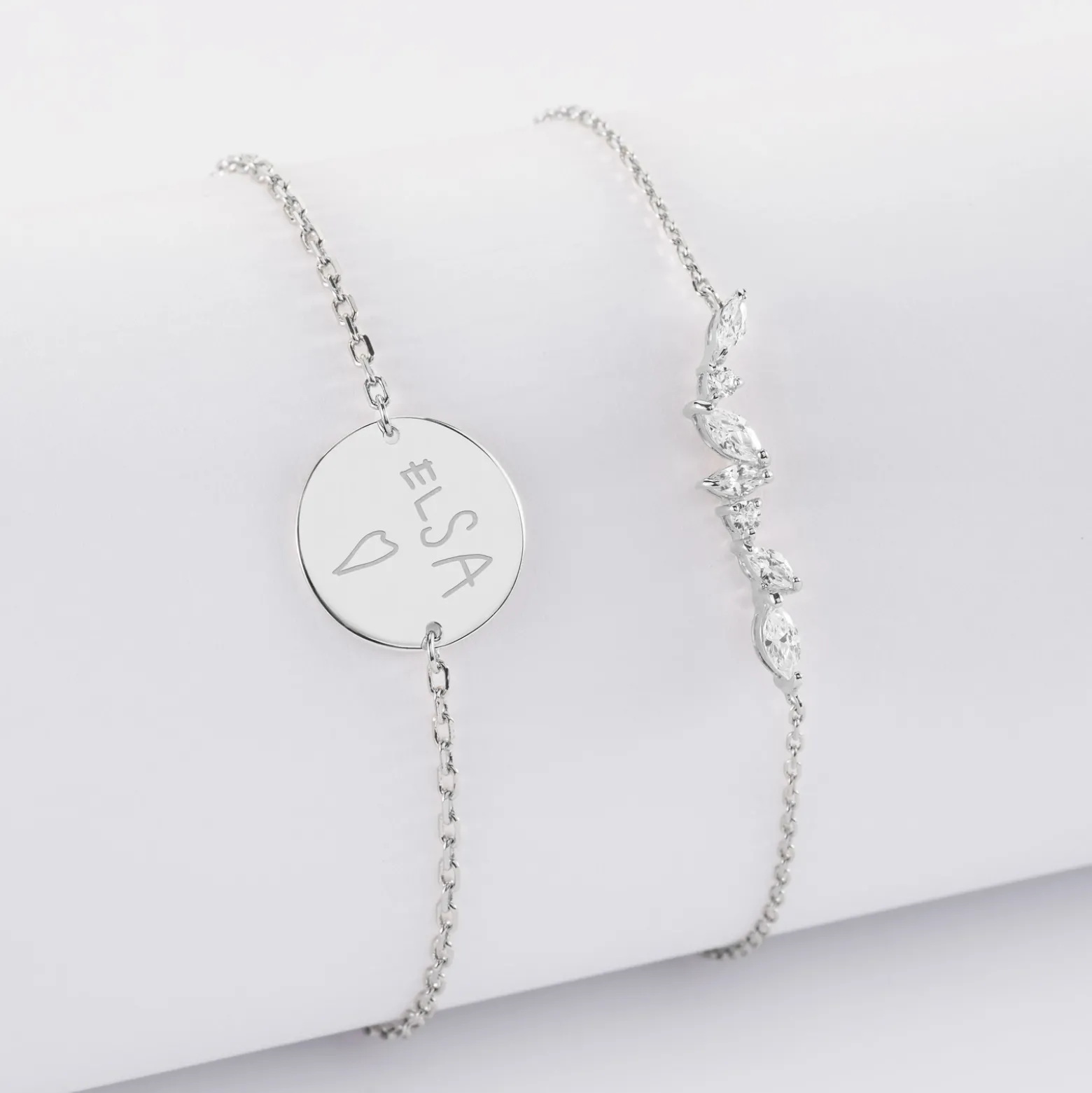 Duo bracelets personnalisés chaine barrette scintillante et médaille gravée argent 2 trous 15 mm