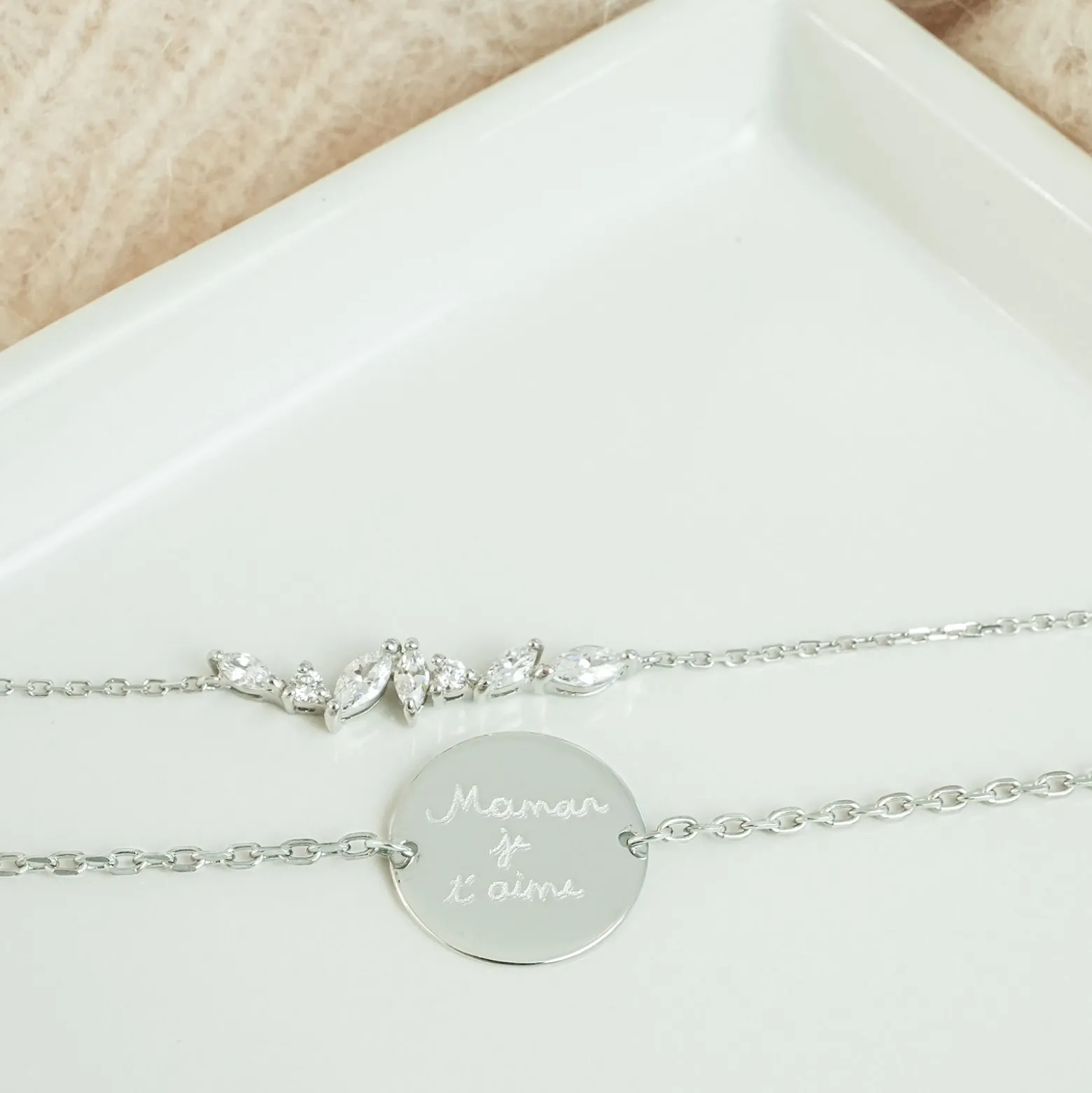 Duo bracelets personnalisés chaine barrette scintillante et médaille gravée argent 2 trous 15 mm