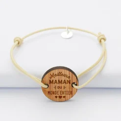 Duo de bracelets médailles gravées bois rondes 2 trous 21 mm Meilleurs Maman et Papa
