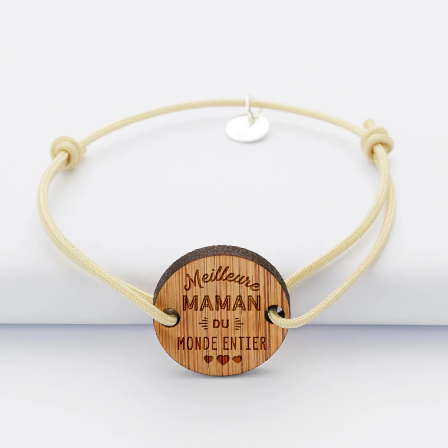 Duo de bracelets médailles gravées bois rondes 2 trous 21 mm Meilleurs Maman et Papa
