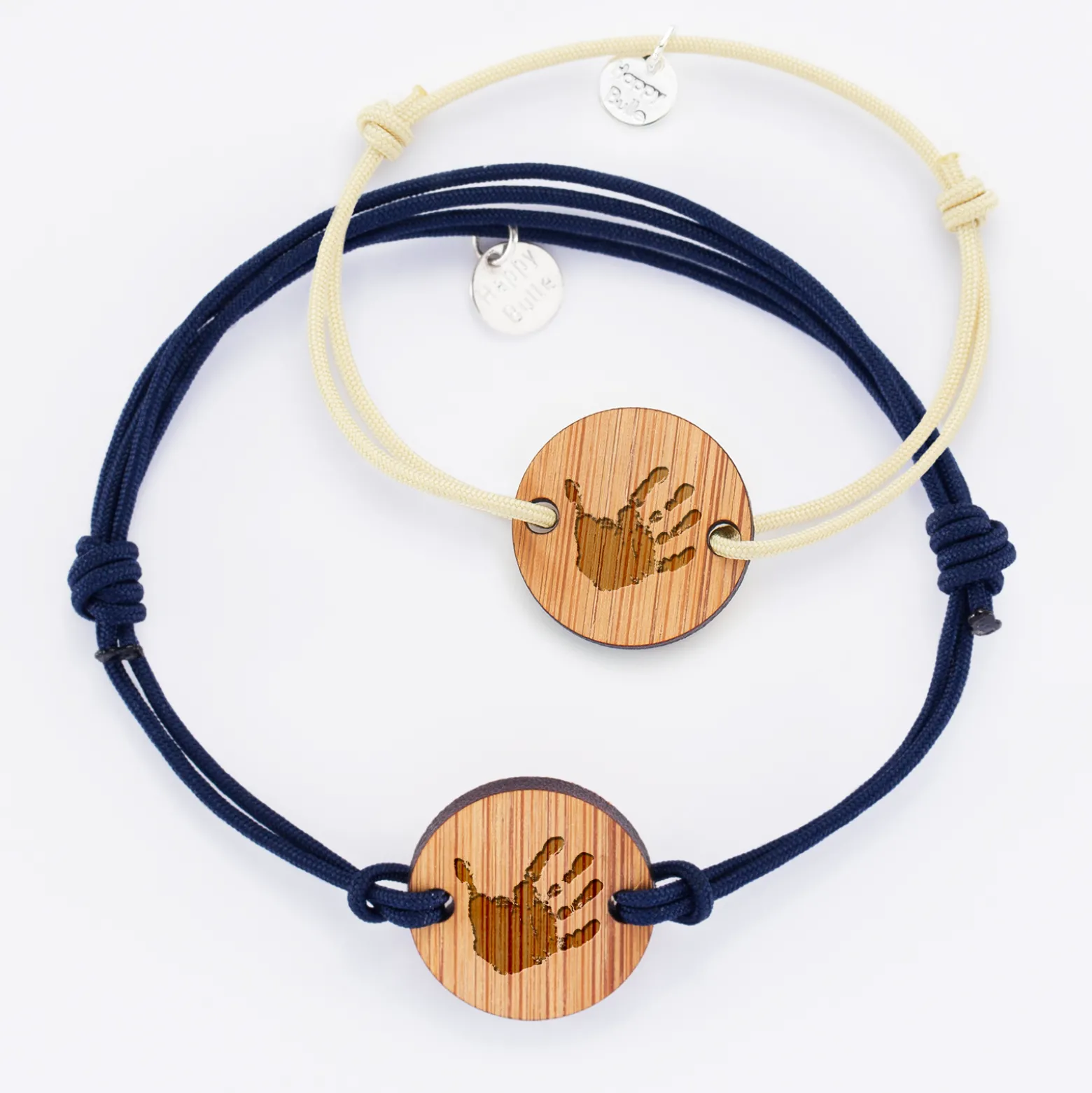 Duo de bracelets personnalisés médailles gravées bois rondes 2 trous 21 mm