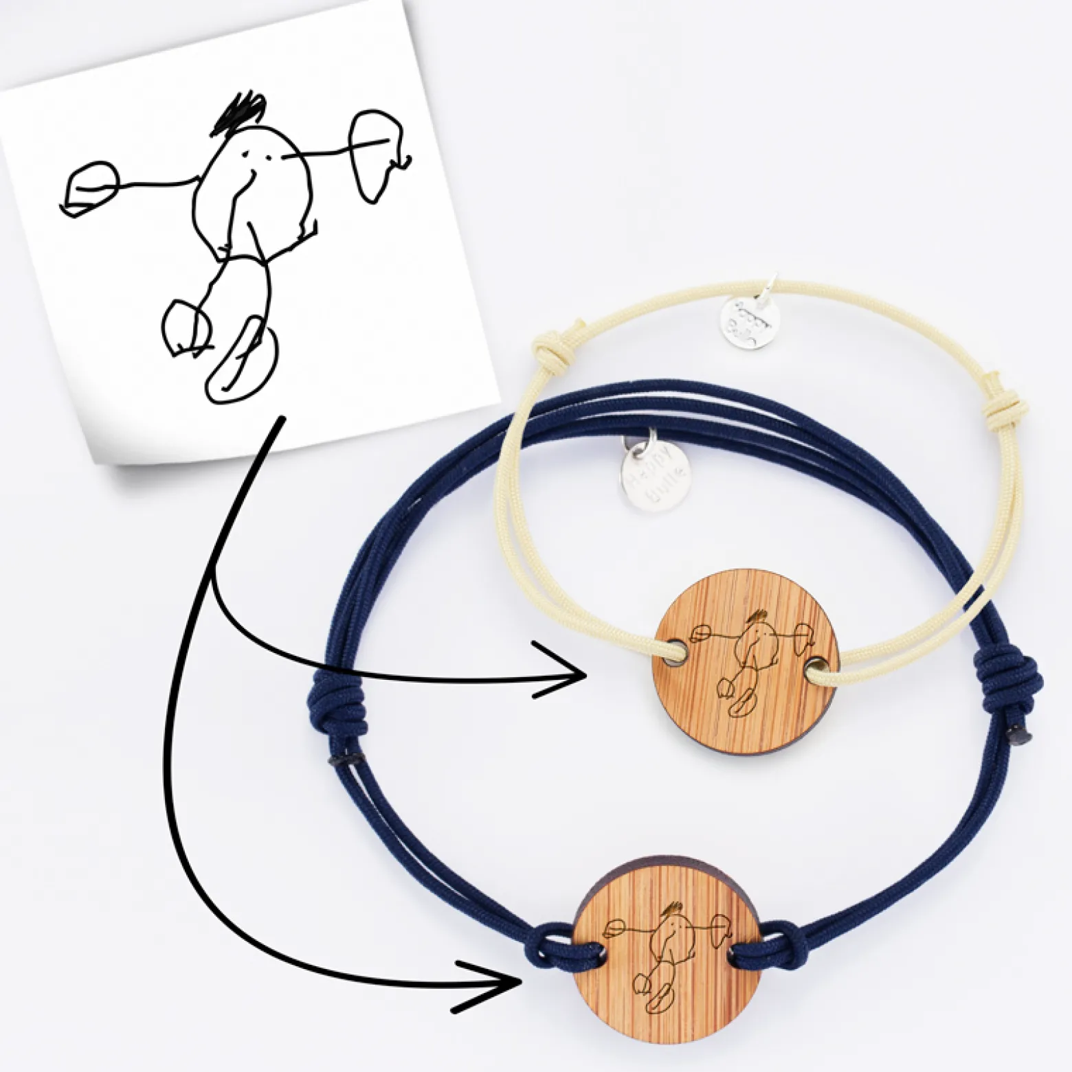 Duo de bracelets personnalisés médailles gravées bois rondes 2 trous 21 mm
